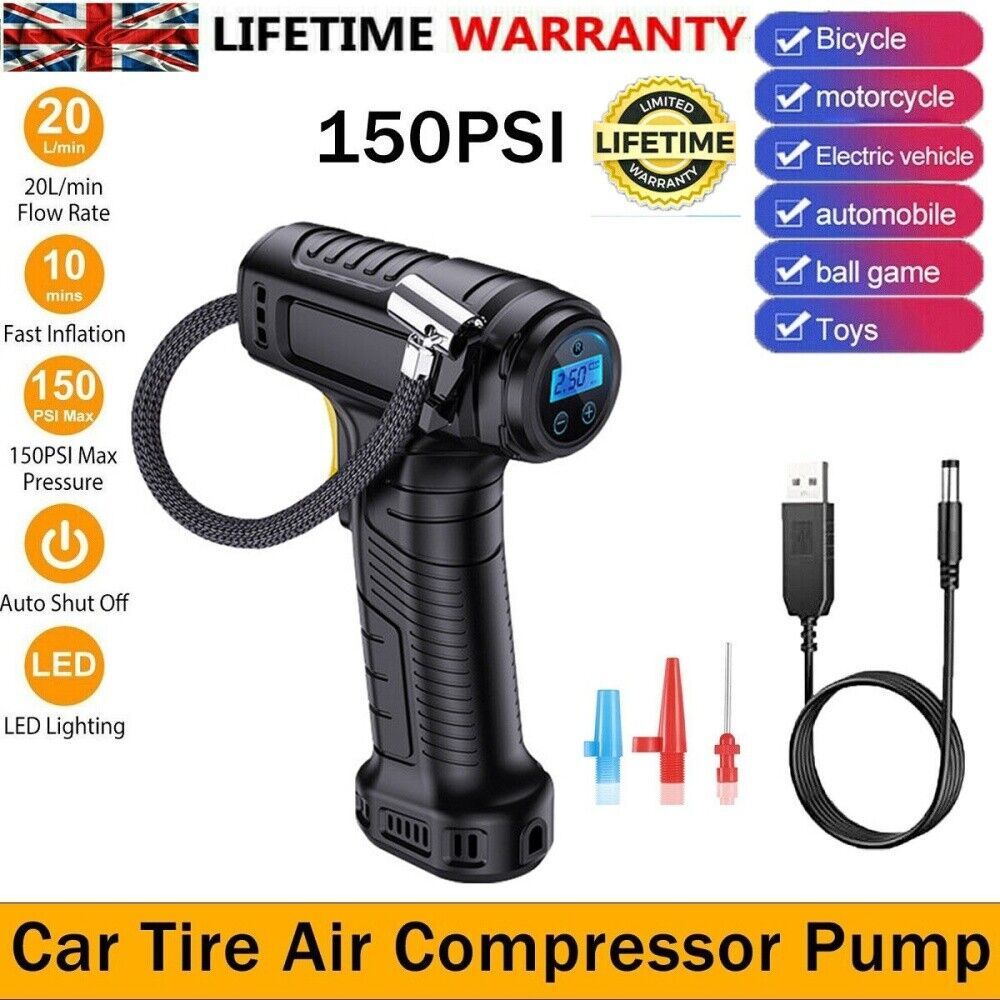Cordless Digital Car Tyre Inflator – USB Rechargeable Portable Air Compressor with Pressure Gauge (UK Version)
