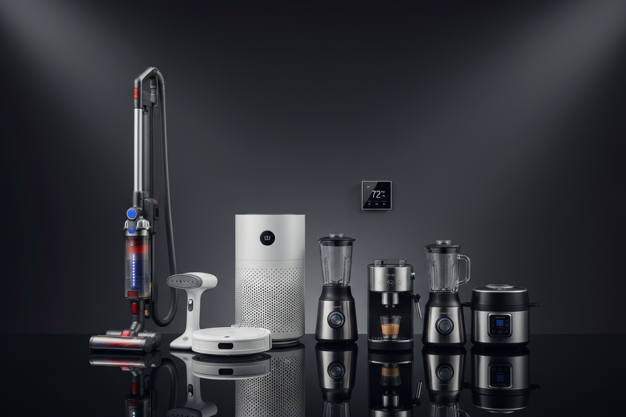 home essentials and appliances on a dark background. Tip; vacuum clothes steamer, smart house cleaning devices and all other home essentials should reflect